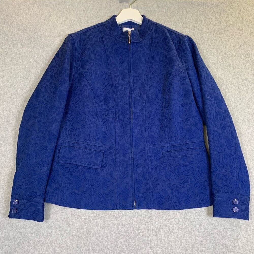 Chicos Womens Size 1 US Medium Zip Front Jacket Blue Textured Paisley Print